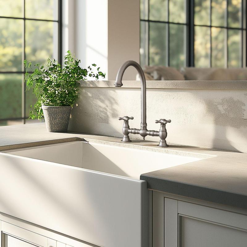 PB Nostalgische Brücken-Küchenarmatur runder Auslauf Edelstahl mit Sterngriffen PBN.RVS.R.ST