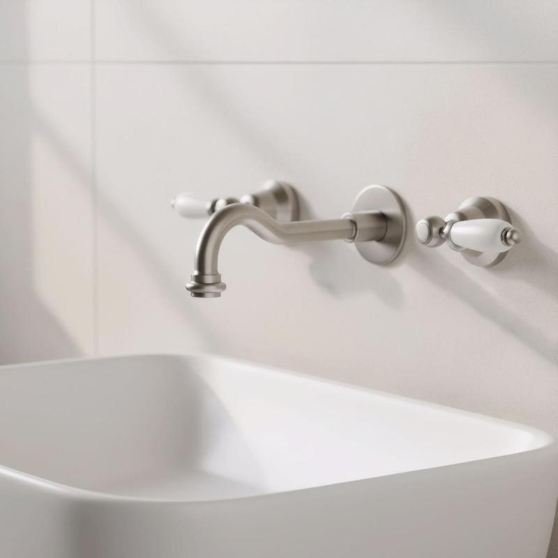 PB klassische Einbau-Wandarmatur mit weißen Griffen, 25 cm Auslauf, Edelstahl 1208854402