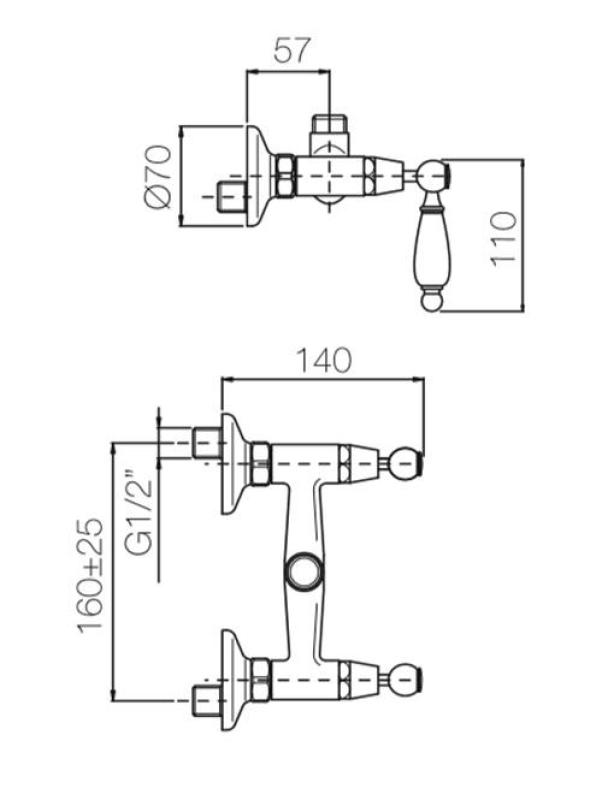 PB Classic Aufputz-Brausebatterie mit weißen Hebeln Anschluss oben Chrom 1208854532