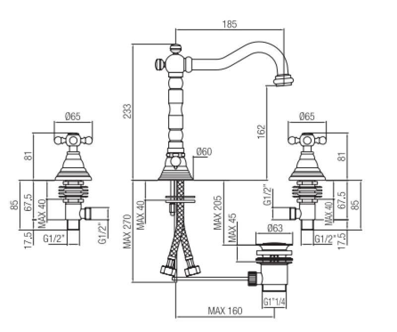 PB classic 3-Loch-Waschtischarmatur mit Sterngriffen, Auslauf 18,5 cm, Bronze 1208854942