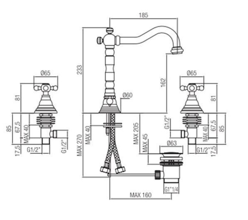 PB classic 3-Loch-Waschtischarmatur mit Sterngriffen, Auslauf 18,5 cm, Edelstahl 1208854952