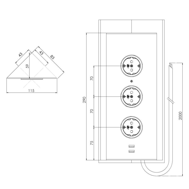 Indux Corner Energiesäule mit 3 Steckdosen, Schutzkontakt und doppeltem USB-A&amp;C-Ladegerät, Edelstahl 1208953216