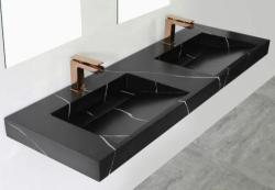 Solid-S Marmor Doppelwaschtisch Solid Surface Schwarz Marmor Matt ohne Hahnloch mit Solid Cover B140xT45xH8 1208953891