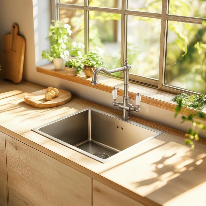 PB Nostalgische klassische Landhaus-Küchenarmatur, Edelstahl mit weißen Griffen 1208953915