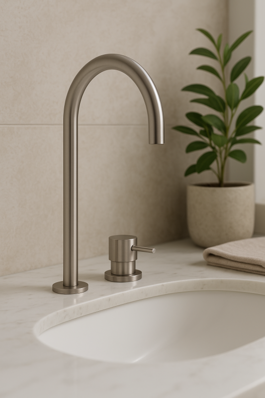 Waterevolution Flow 2-Loch-Waschtischarmatur komplett aus Edelstahl mit hohem U 200 mm Auslauf T1122UIE