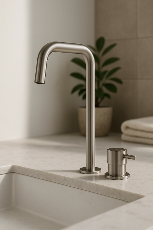 Waterevolution Flow 2-Loch-Waschtischarmatur mit hohem Auslauf 222, Edelstahl T122HIE