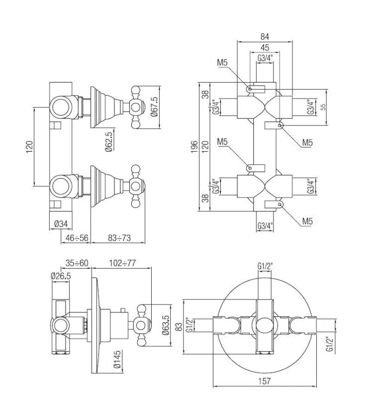PB Classic nostalgischer Einbau-Duschthermostat mit 2 Absperrhähnen in Edelstahloptik