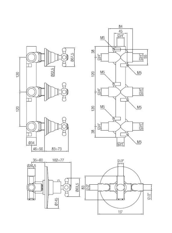 PB Classic Nostalgie Unterputz-Duschthermostat mit 3 Absperrventilen Kupfer
