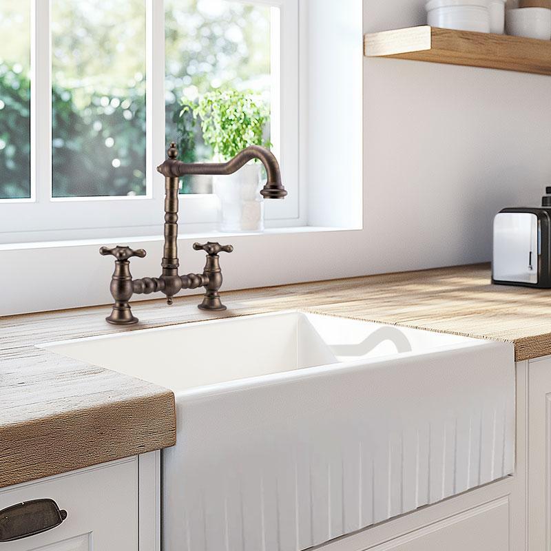 PB Nostalgische Brücken-Küchenarmatur dunkle Bronze, abgewinkelter Auslauf mit Stern-Griffen 1208954667