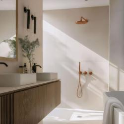 Waterevolution Flow Unterputz-Duschset mit Thermostat Regendusche und Handbrause gebürstetes Kupfer PVD