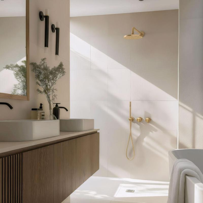 Waterevolution Flow Unterputz-Duschset mit Thermostat Regendusche und Handbrause gebürstetes Hellgold PVD