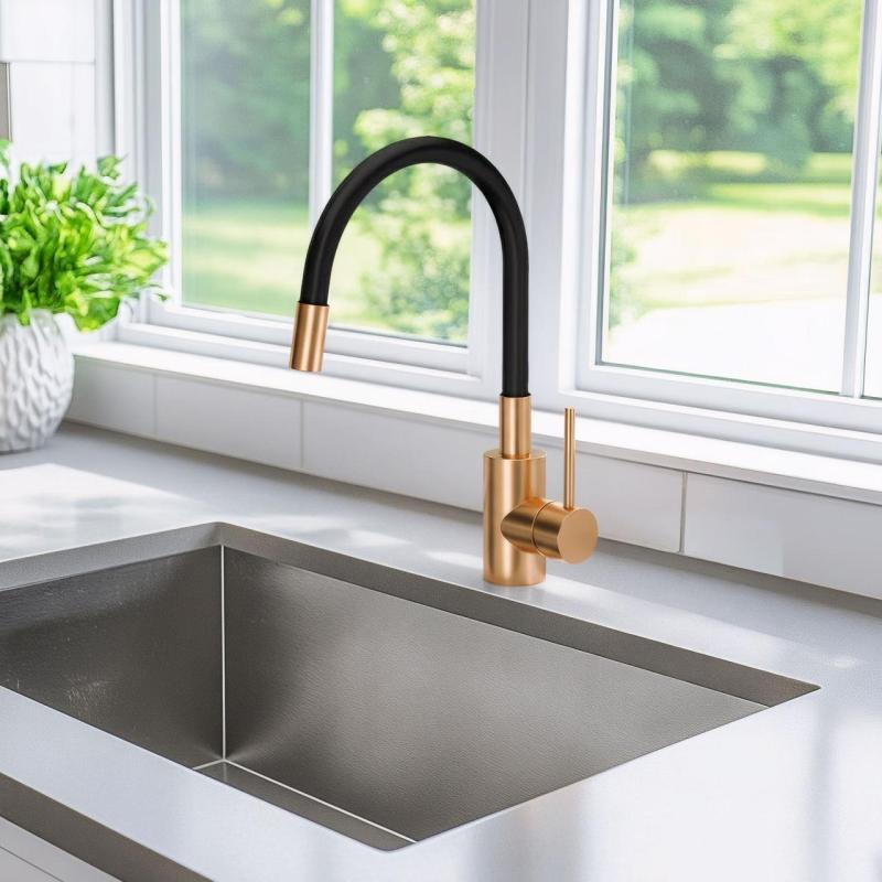 Quadri Bristol Küchenmischarmatur mit flexiblem schwarzen Auslauf, PVD-gebürstetes Kupfer 1208955984