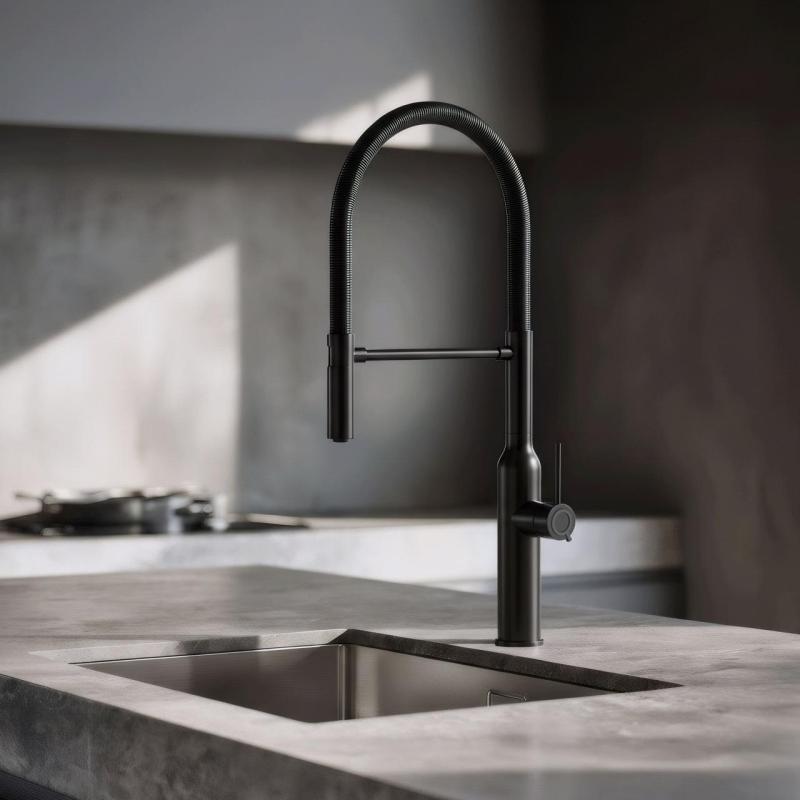 Quadri Stamford hohe Küchenarmatur mit flexiblem Auslauf, Schwarz matt 1208956079