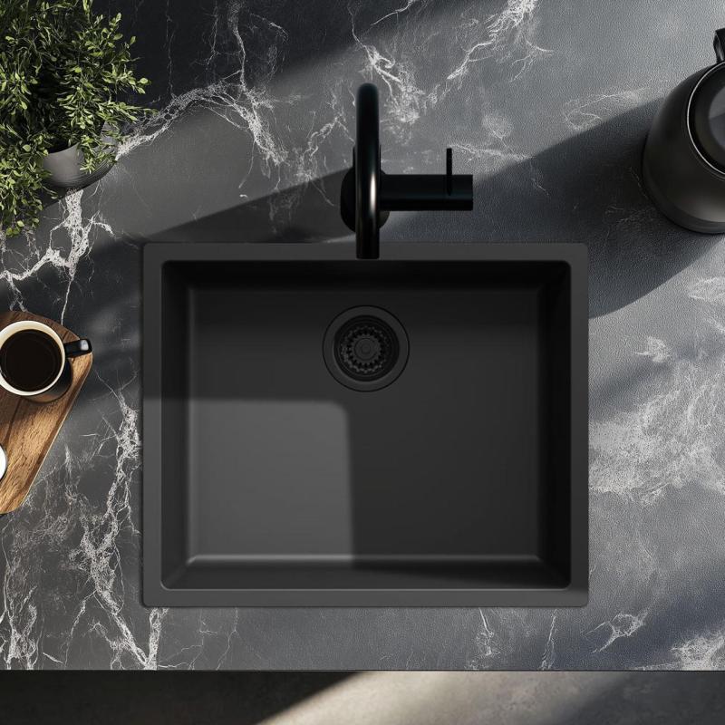Schwarzes Spülbecken 50x40cm Unterbau, flächenbündiger und Oberflächen-Einbau mit schwarzem Ablaufstecker 1208956396