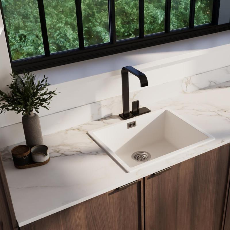 Weißes Spülbecken 50x40cm Unterbau, flächenbündiger und Oberflächen-Einbau mit Edelstahlstecker 1208956397