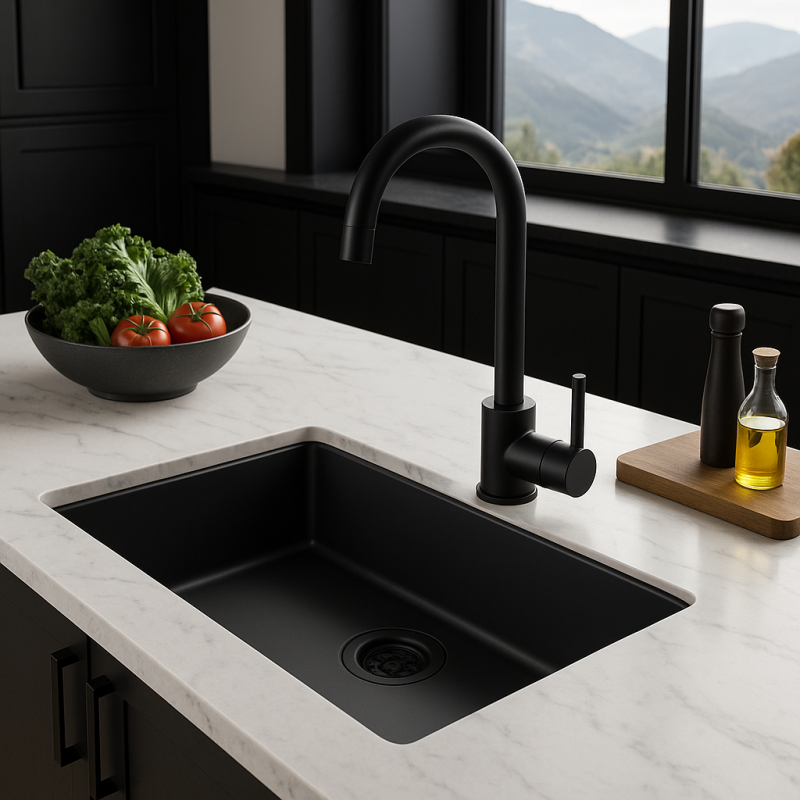 Schwarzes großes Spülbecken 70x40cm Einbau von oben unten oder den flächenbündigen Einbau mit schwarzem Ablaufstecker 1208956401