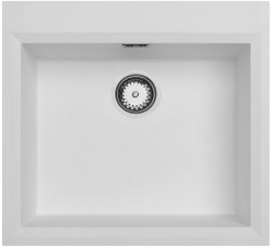 Weißes Spülbecken 58x53cm Oberflächen-Einbau mit Hahnlochbank und Edelstahlstecker 1208956763