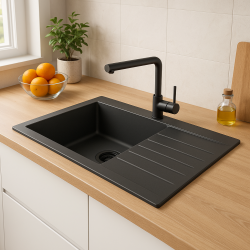 Ausmann Fibre große schwarze Kunststoffspüle reversibel mit Abtropffläche Oberflächen-Einbau 86x50 cm mit schwarzem Stecker 1208956781