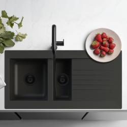 Ausmann Fibre 1,5 schwarze Kunststoffspüle, reversibel, mit Abtropffläche, Oberflächen-Einbau, 100x50 cm, mit schwarzem Stecker 1208956784