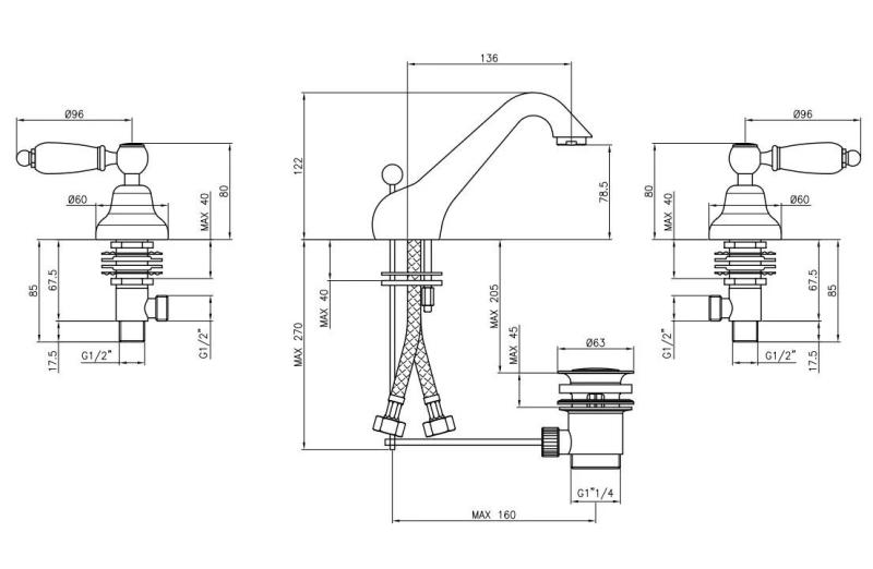 PB classic Wasserhahn 3-Loch Waschtischarmatur, weißer Hebel, Chrom 1208956906