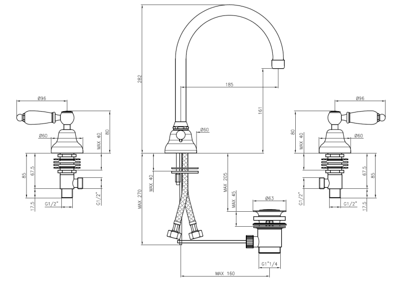 PB classic 3-Loch-Waschtischarmatur, weiße Hebel, mit rundem Auslauf, Chrom 1208956912