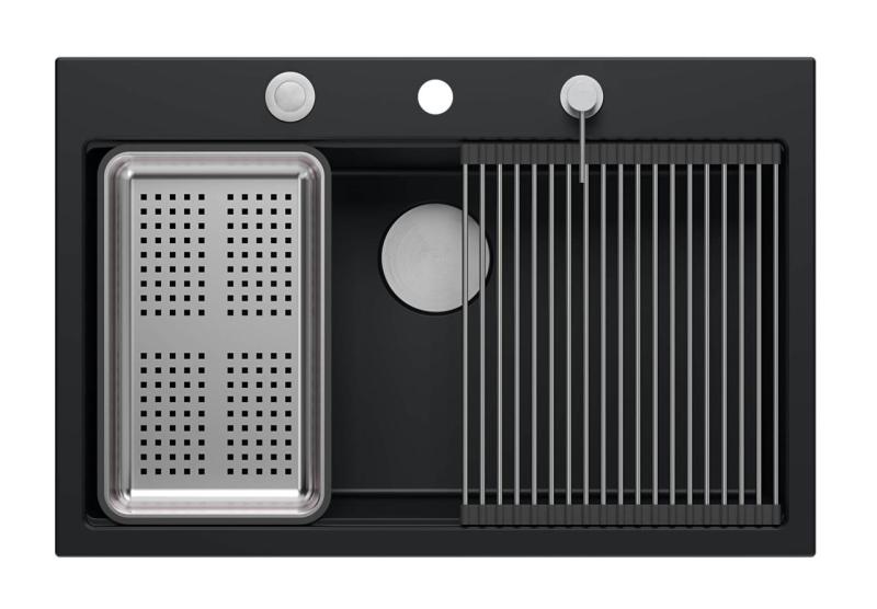 Quadri mattschwarze Hartstein-Granit-Spüle groß 76x50cm, inkl. Zubehör Oberflächen-Einbau1208957201