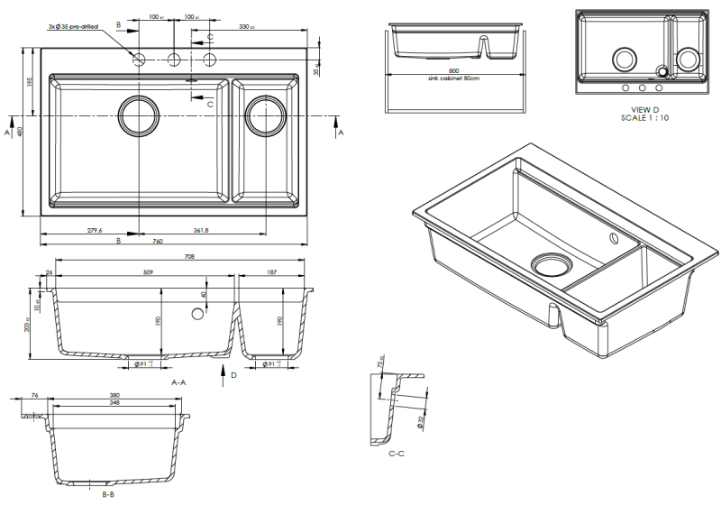 GraniteMy Limited große 1,5 Granit-Spüle in Schwarz 76x48 cm, inkl. Zubehör, Oberflächen-Einbau und Unterbau 1208957389