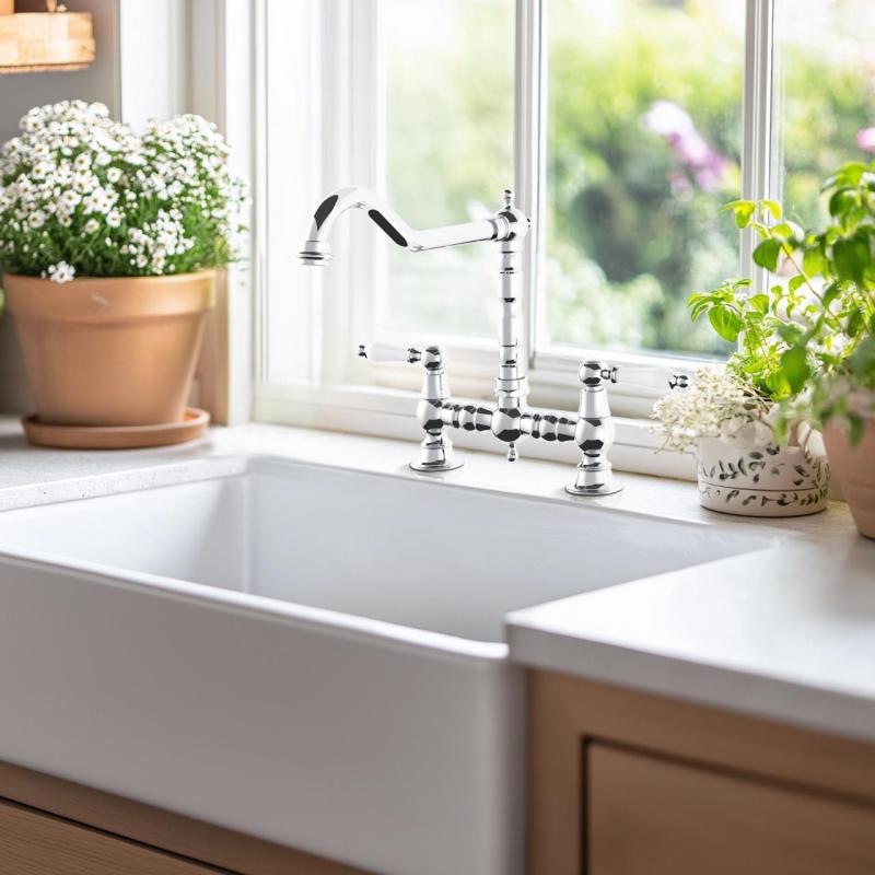 AquaTrimo Country 2-Loch-Küchenarmatur mit nostalgischer Brücke und Auslauf Chrom 21CT7657CM