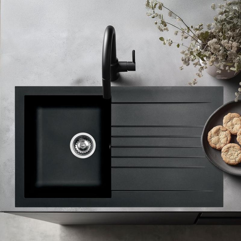 Ausmann Fibre Spülbecken mit Abtropffläche 86x50 cm, Schwarz, reversibel, aufliegend 1208957665