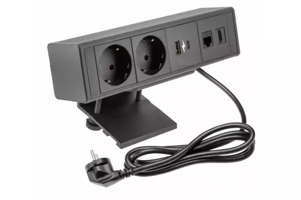 Indux Desk Schreibtisch oder Tisch mattschwarz Erdung Typ F, Steckdose (2x) mit 1xUSB A, 1xUSB C, 1xRJ45 und 1xHDMI 1208957922