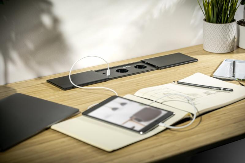 PRESTINO versenkbare Schreibtischverlängerungskabel, 2x Schuko-Buchse, USB A+C, RJ45, HDMI, Kabel 1,5m, Silber 1208958676