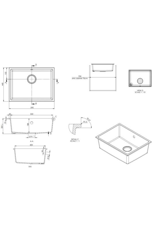 GraniteMy Universal Granit weiße Spüle 55x40 cm weiß Aufsatz-, Unterbau- und Flachbauweise mit Edelstahlstopfen 1208967109