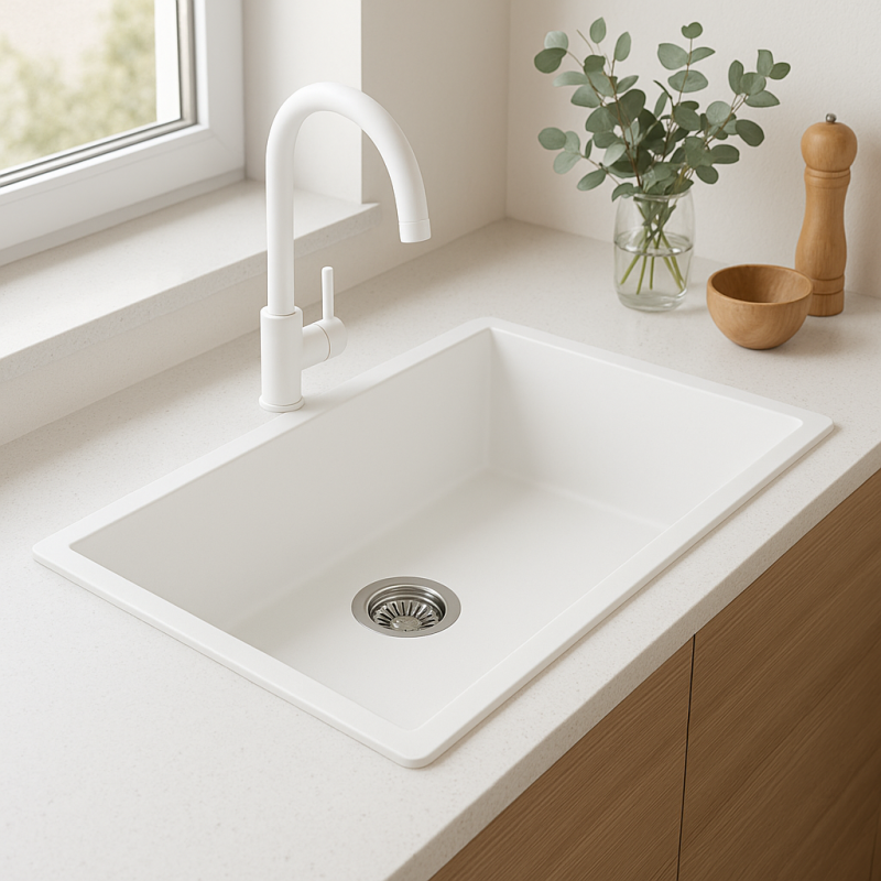 GraniteMy Universal-Granit-Spülbecken, groß,74x40 cm, Weiß, Aufliegend, flächenbündig und Unterbau, mit Edelstahlstecker 1208967111