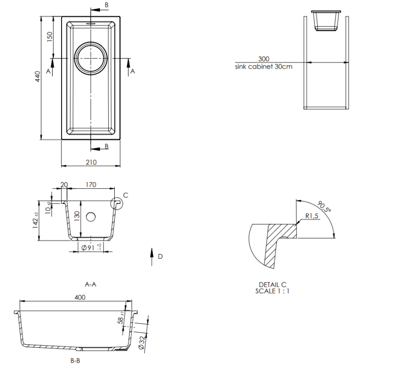 GraniteMy Universal Granit-Spülbecken 17x40 cm, Schwarz, Aufliegend, flächenbündig und Unterbau mit goldenem Stecker 1208967142