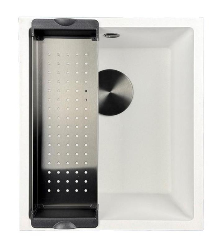 GraniteMy Universal Granitspüle 34x40 cm, Weiß, Aufliegend, flächenbündig und Unterbau, mit schwarzem Stecker 1208967147