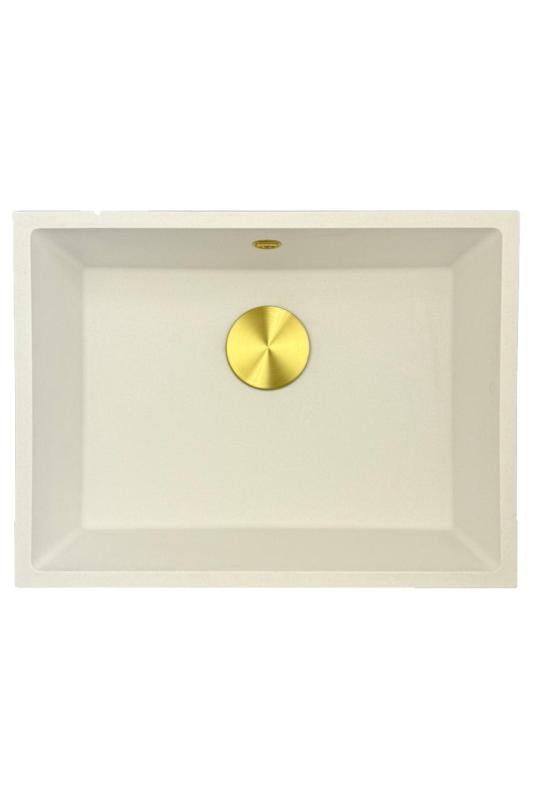 GraniteMy Universelles weißes Granitspülbecken 55x40 cm zur Aufsatz-, Unterbau- und Flächenmontage mit goldenen Stöpsel 1208967155