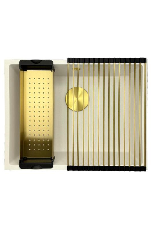 GraniteMy Universelles weißes Granitspülbecken 55x40 cm zur Aufsatz-, Unterbau- und Flächenmontage mit goldenen Stöpsel 1208967155