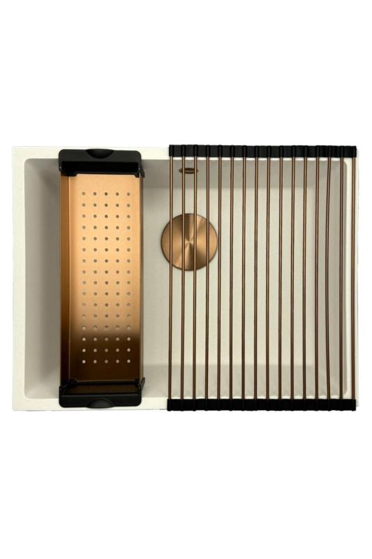 GraniteMy Universal Granit weiße Spüle 55x40 cm weiß Aufsatz Unterbau und Flachaufbau mit Kupferstopfen 1208967156