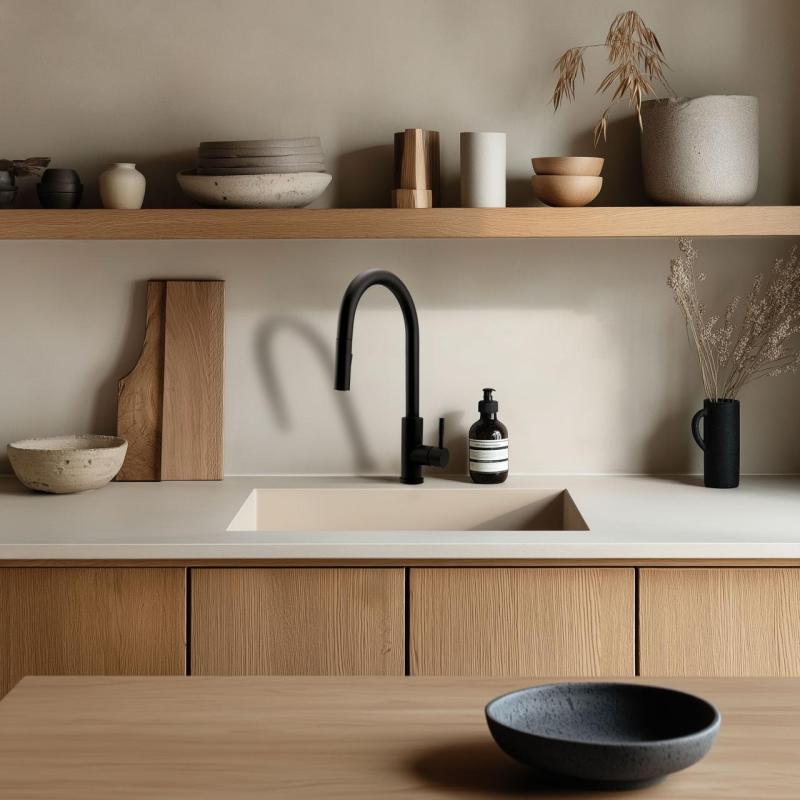 GraniteMy Universal Granit-Spülbecken 40x40 cm, Sandbeige, Aufliegend, flächenbündig und Unterbau, mit Kupferstecker 1208967210