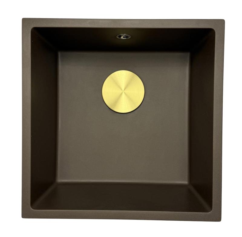 GraniteMy Universal Granit-Spülbecken 40x40 cm, Café, Aufliegend, flächenbündig und Unterbau, mit Edelstahlstecker 1208967212