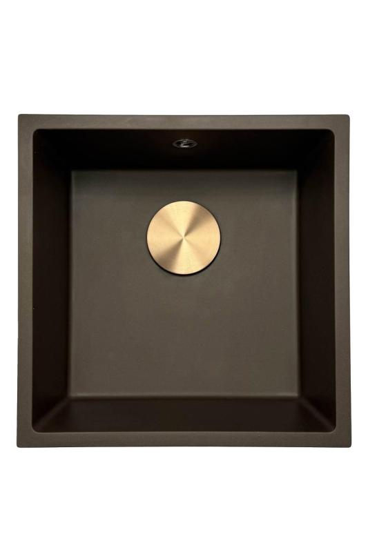 GraniteMy Universal Granit-Spülbecken 40x40 cm, Café, Aufpliegend, flächenbündig und Unterbau, mit Kupferstecker 1208967217
