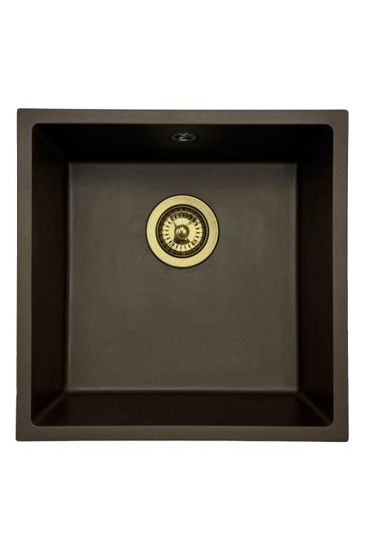 GraniteMy Universal Granit-Spülbecken 40x40 cm, Café, Aufliegend, flächenbündig und Unterbau, mit Goldstecker 1208967218