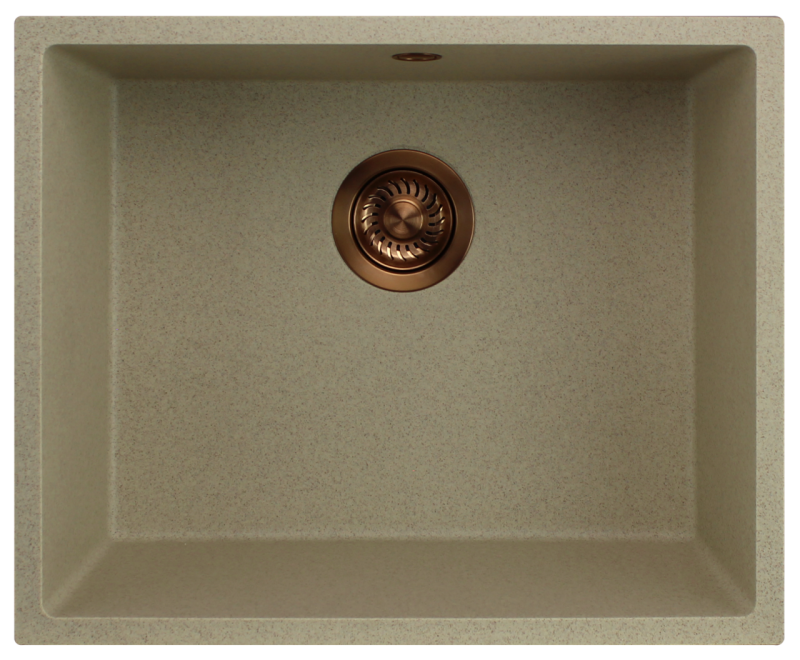 GraniteMy Universal Granit- Spülbecken 50x40 cm, Sandbeige, Aufpliegend, flächenbündig und Unterbau, mit Kupferstecker 1208967221