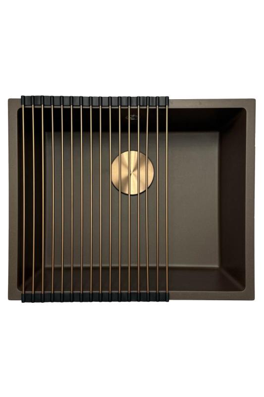 GraniteMy Universal Granit-Spülbecken 50x40 cm, Café, Aufliegend, flächenbündig und Unterbau, mit Kupferstecker 1208967229