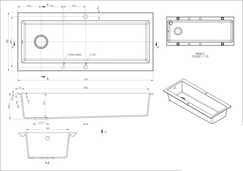 GraniteMy Trog Granit ganz großes schwarzes Spülbecken 116x50 cm schwarz Aufsatz mit Armaturenbank mit Edelstahlstopfen 1208967236