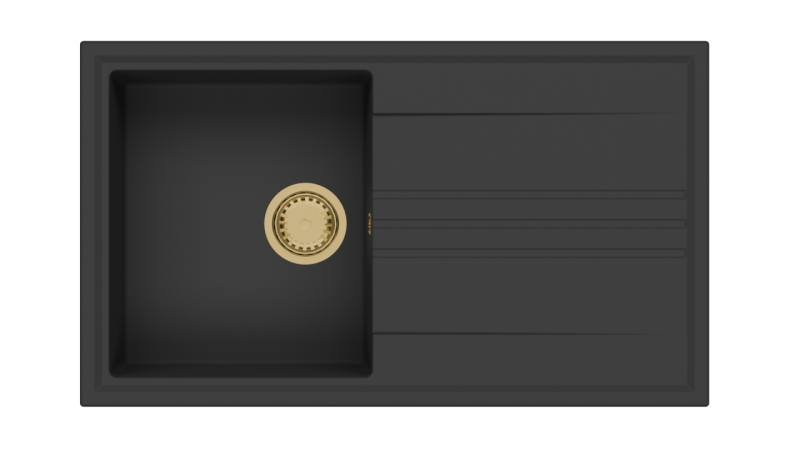 GraniteMy Vesi Granit Aufsatz schwarzes Spülbecken 86x50cm mit Abtropffläche umkehrbar mit goldenem Stopfen 1208967289