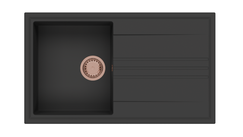 GraniteMy Vesi Granit Aufbau schwarzes Spülbecken 86x50cm mit Abtropffläche umkehrbar mit Kupferstöpsel 1208967290