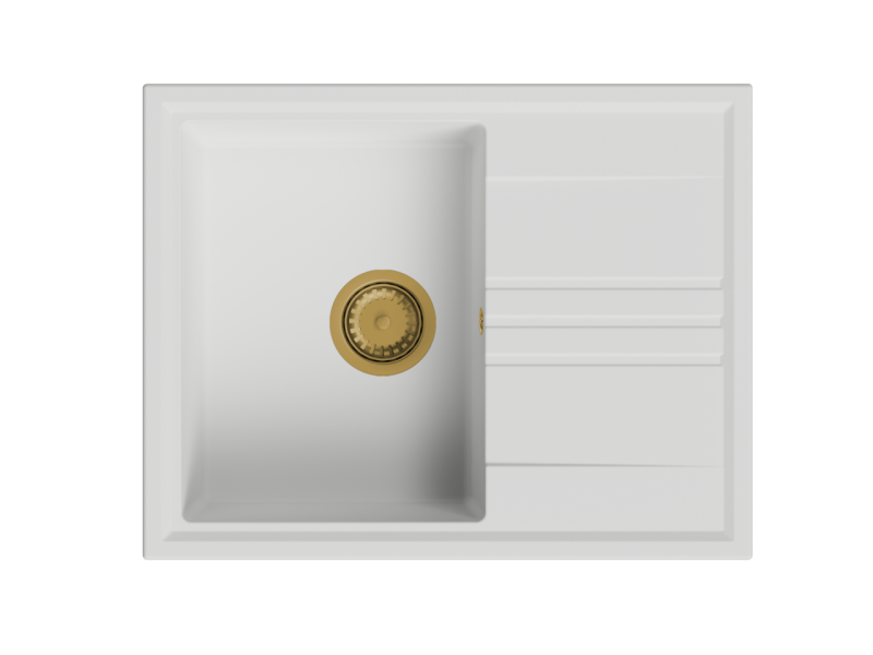 GraniteMy Vesi Granit Aufbau weißes Spülbecken 64x50cm mit Abtropffläche umkehrbar mit Gold (gebürstetes Messing) Stecker 1208967300