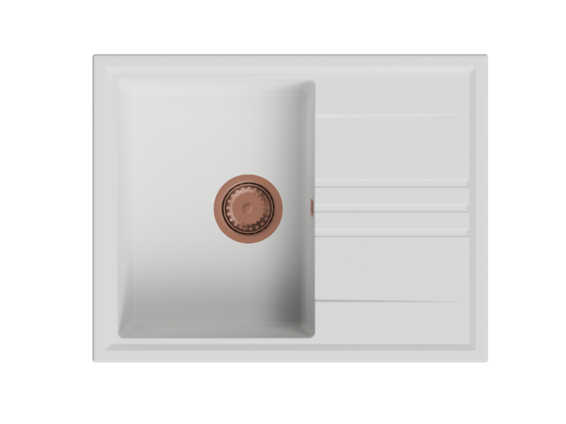 GraniteMy Vesi Granit-Aufbau weißes Spülbecken 64x50cm mit Abtropffläche umkehrbar mit Kupferstöpsel 1208967301