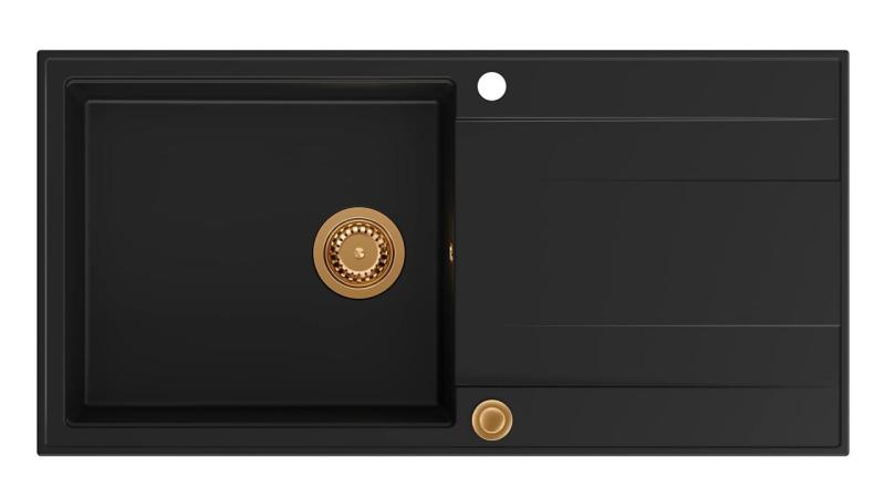 Quadri Luton schwarze Granit-Aufbauspüle mit Abtropffläche, umkehrbar, 100x50 cm, mit Kupferstopfen 1208967316